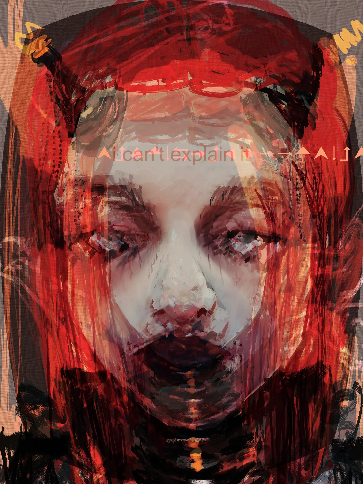digital artwork of a sinister looking girls face, red hair